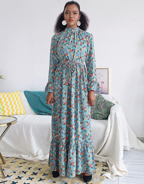 Flared Sleeve Abaya with Waist Tie Kaftan Dress